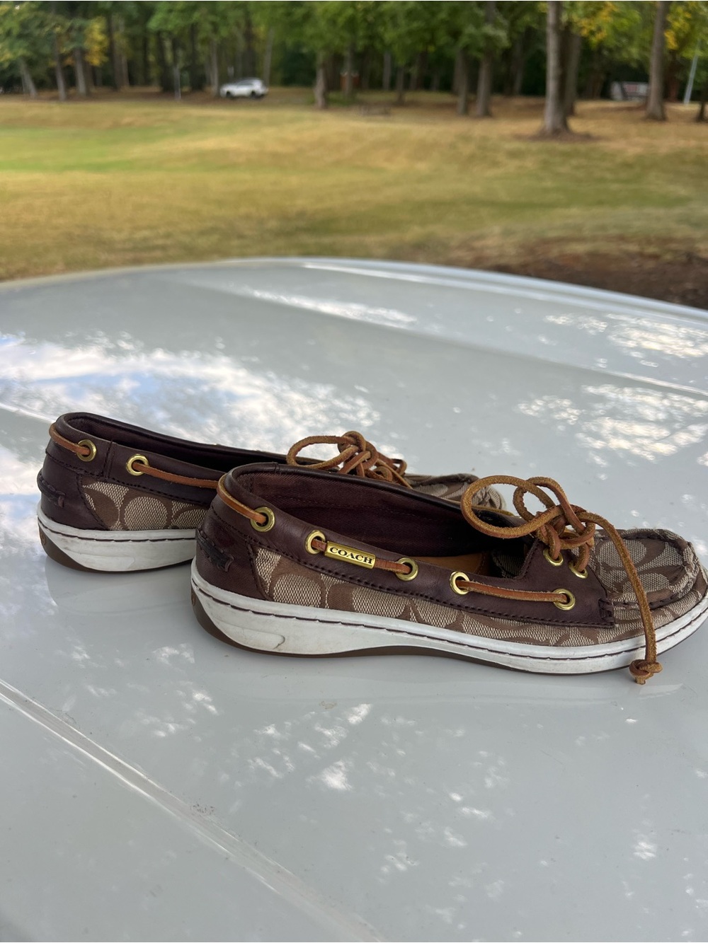 Coach Brown Signature-Pattern Boat Shoes with Leather Trim